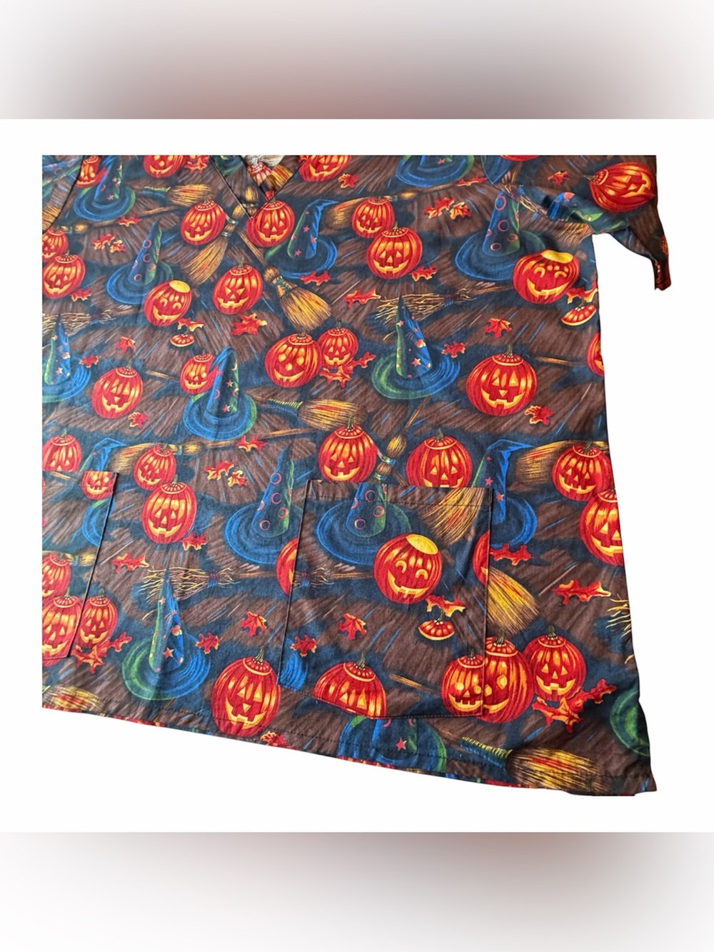 VTG Halloween Scrub Top Jack O Lantern Pumpkins Witch Hats Short Sleeve Size 4X - Picture 10 of 16